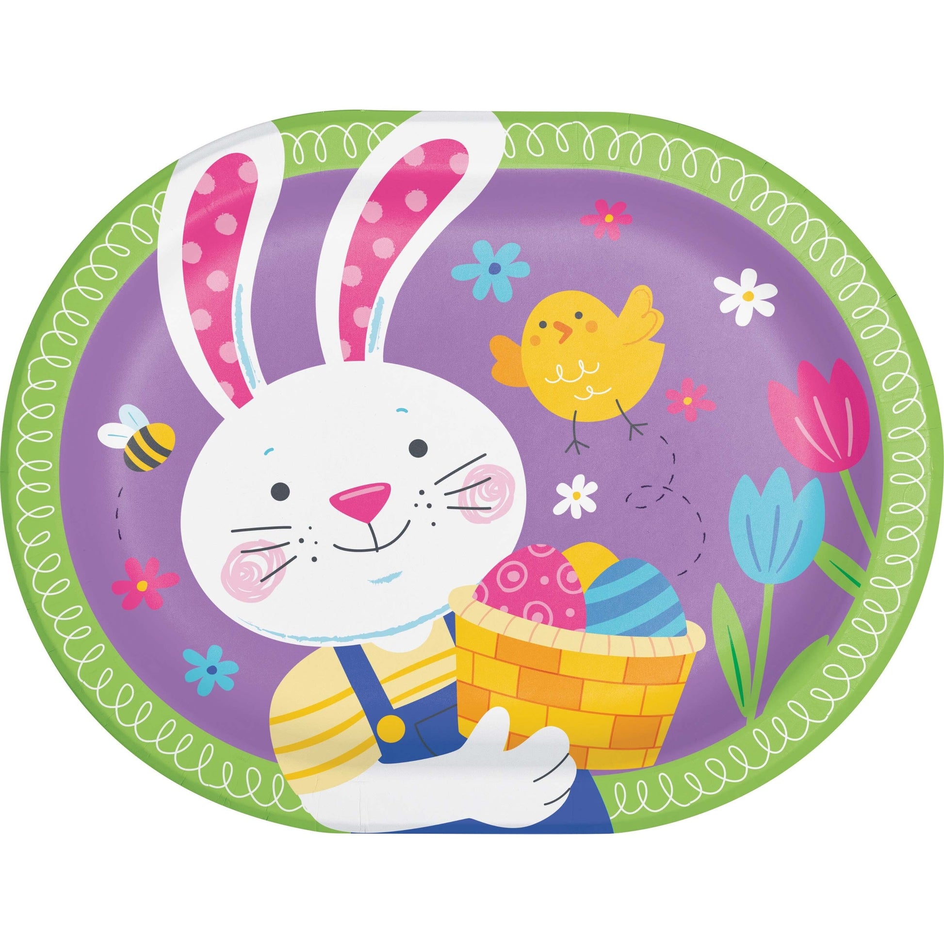 Easter-themed plate with a bunny holding an Easter basket, chick, and flowers on a purple background.