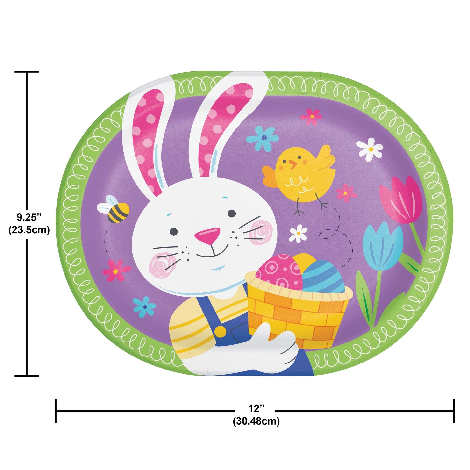 Easter-themed plate with a rabbit holding an Easter basket, surrounded by flowers and a chick, with measurements indicated.