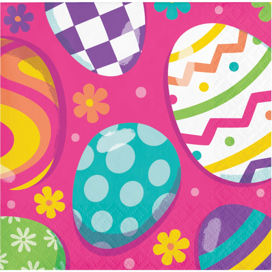 Paper napkin with colorful egg designs on a pink background