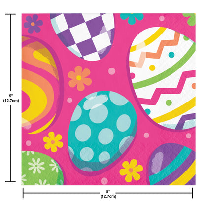 Paper napkin with colorful egg designs on a pink background. Dimensions shown.