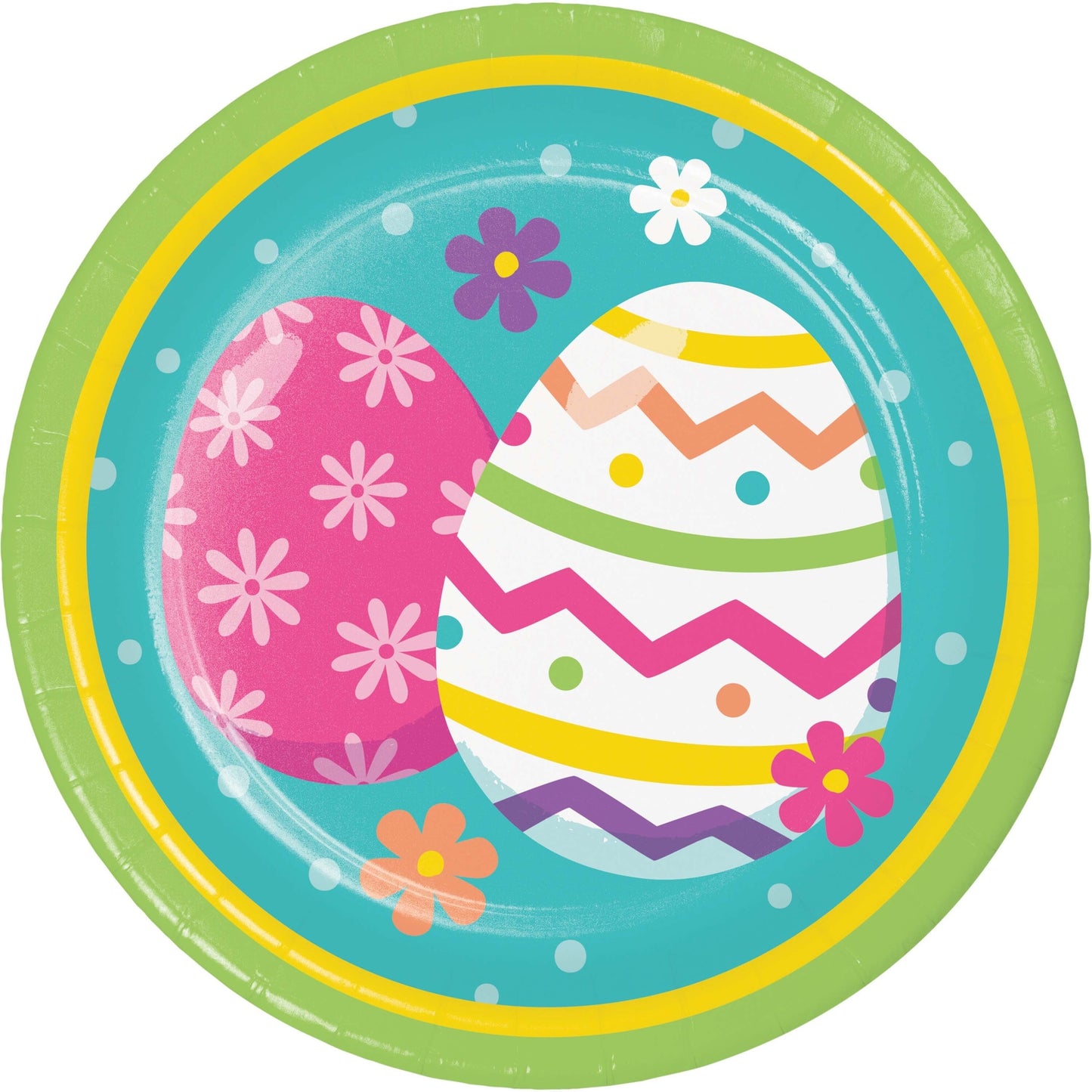 Colorful Easter-themed paper plate with eggs and flowers on a white background