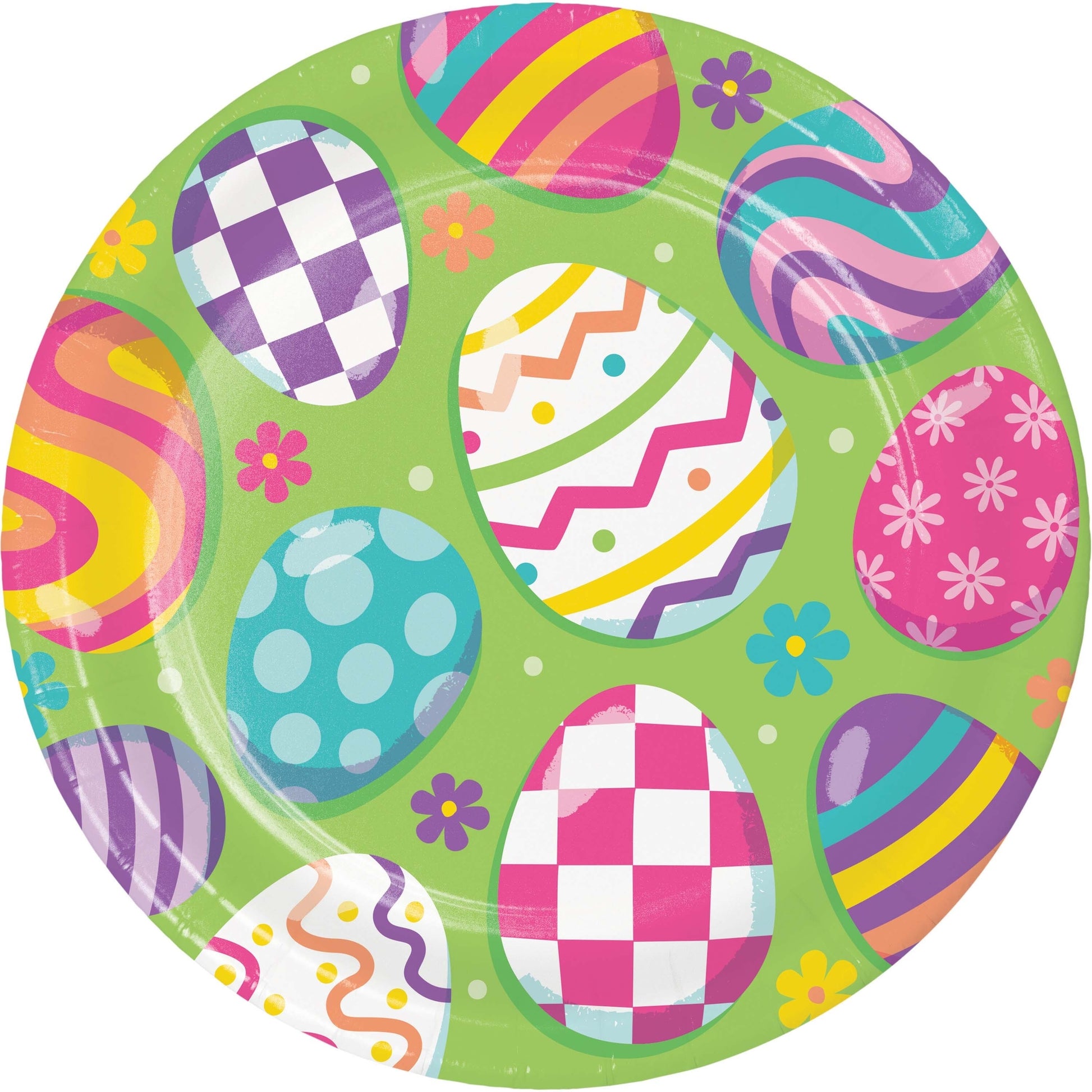Colorful Easter egg design on a green plate with flowers.
