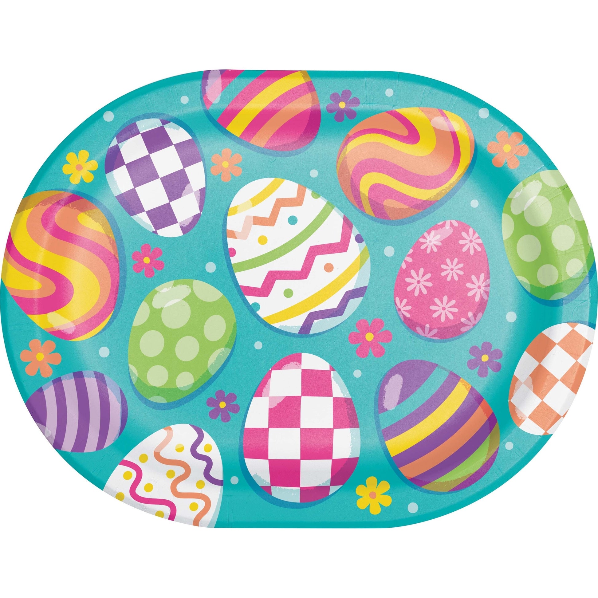 Colorful Easter egg design on a blue plate with flowers.
