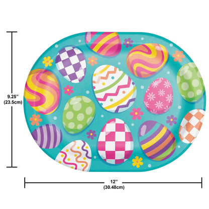 Colorful Easter egg design plate with measurements on a white background