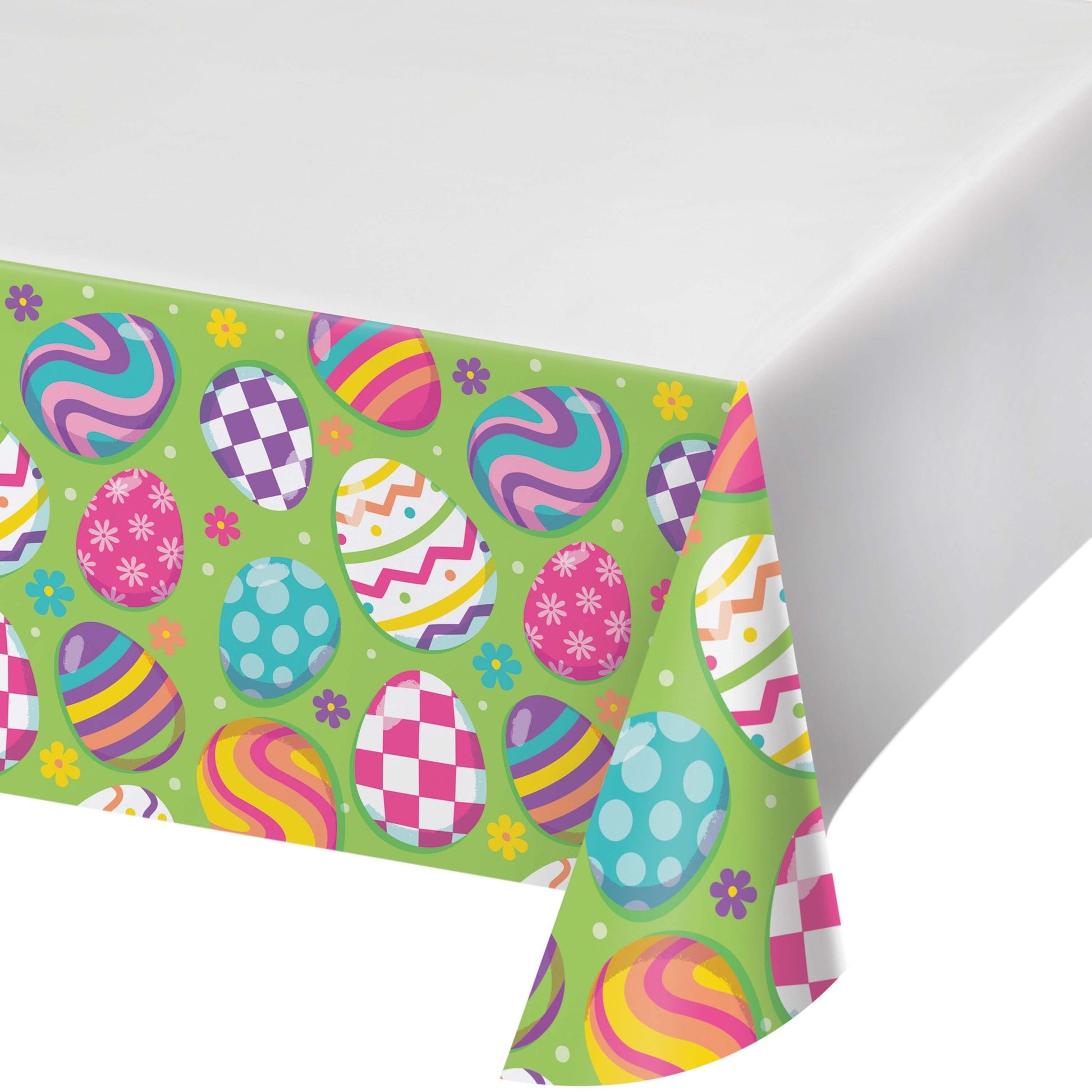 Colorful Easter egg patterned paper tablecloth on a white background
