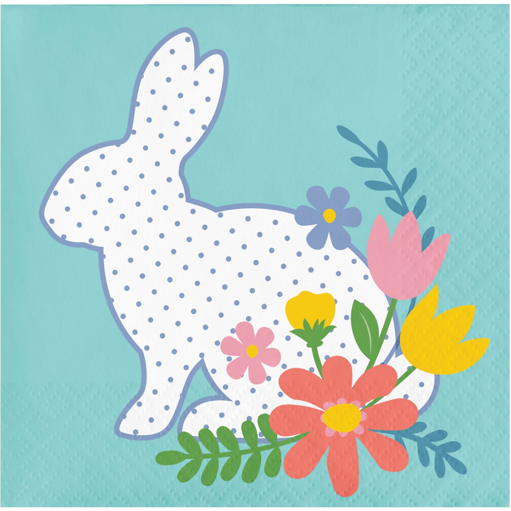 Napkin with a bunny and flowers design on a blue background