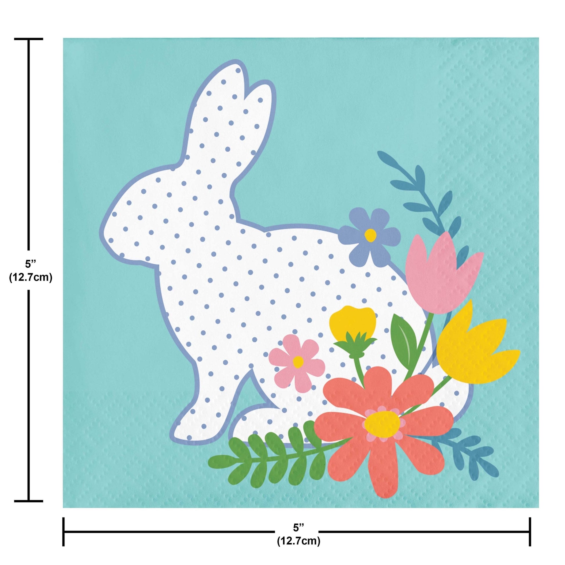 Napkin with a bunny and flowers design on a blue background, with dimensions indicated.