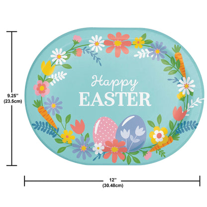 Oval Easter paper plate with floral design and 'Happy Easter' text, dimensions shown.
