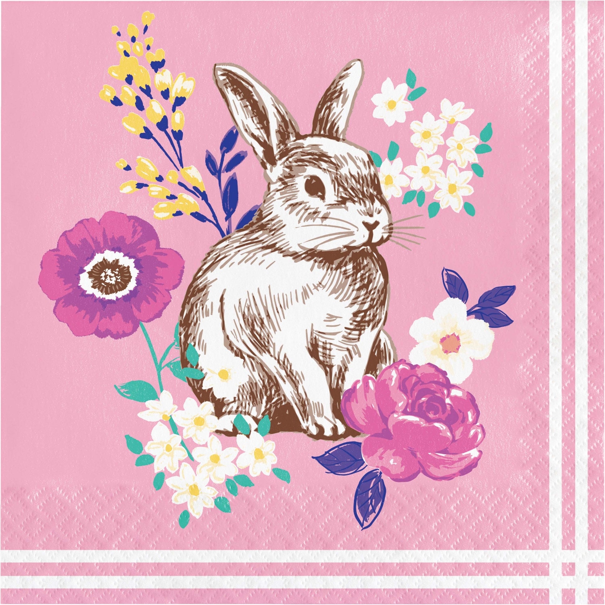 Napkin with a rabbit and floral design on a pink background