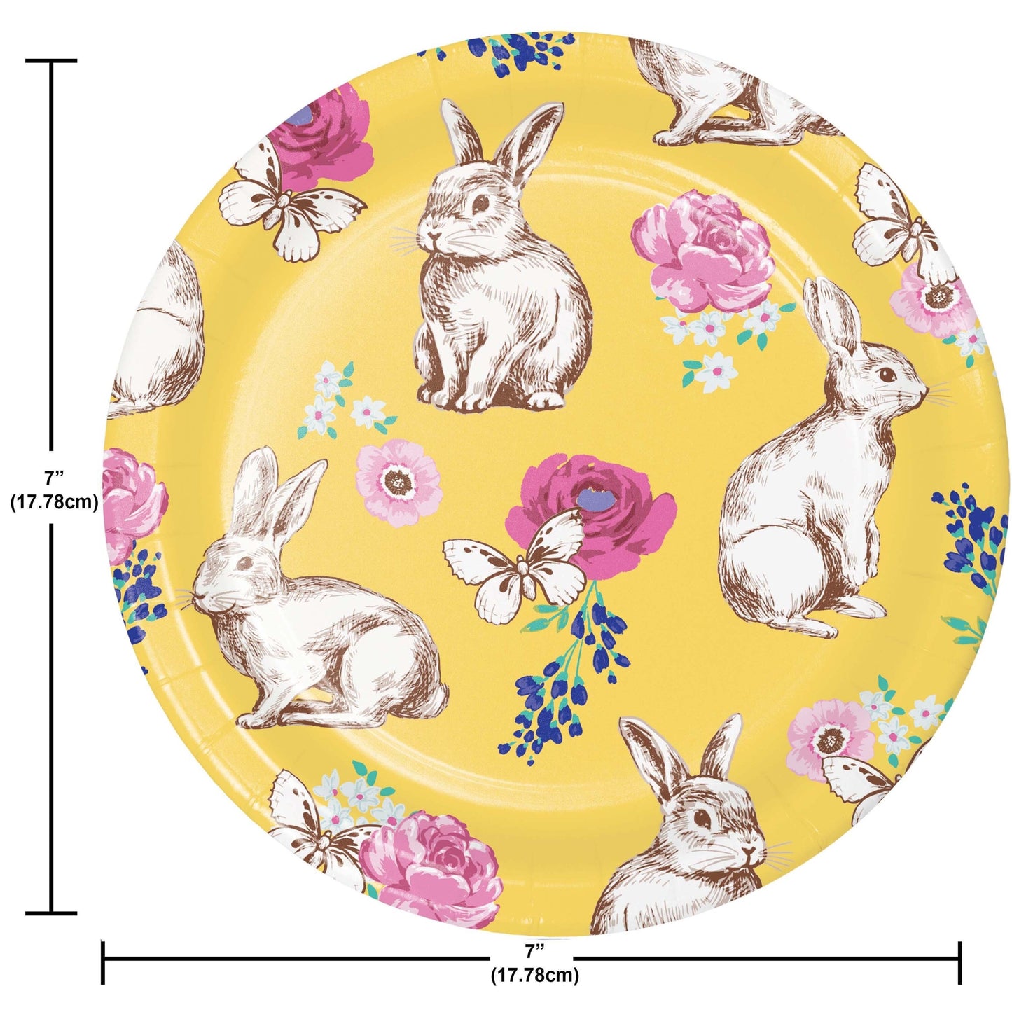 Round paper plate with rabbit and floral design on a yellow background, with measurements indicated.
