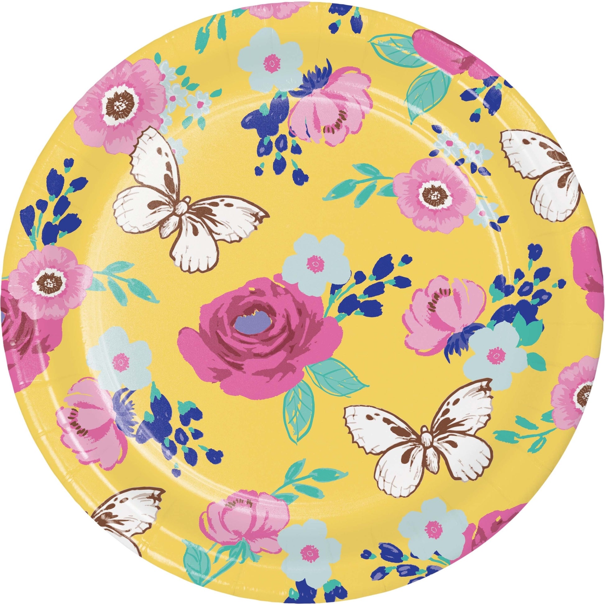 Round paper plate with floral and butterfly design on a yellow background