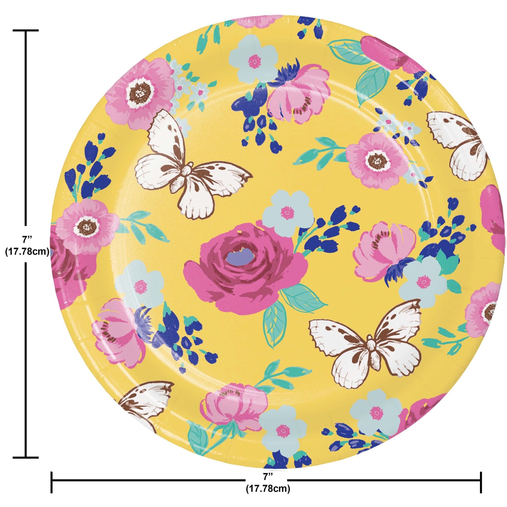 Round paper plate with floral and butterfly design on a yellow background, with measurements indicated.