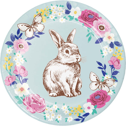 Decorative plate with a rabbit illustration and floral design on a light blue background