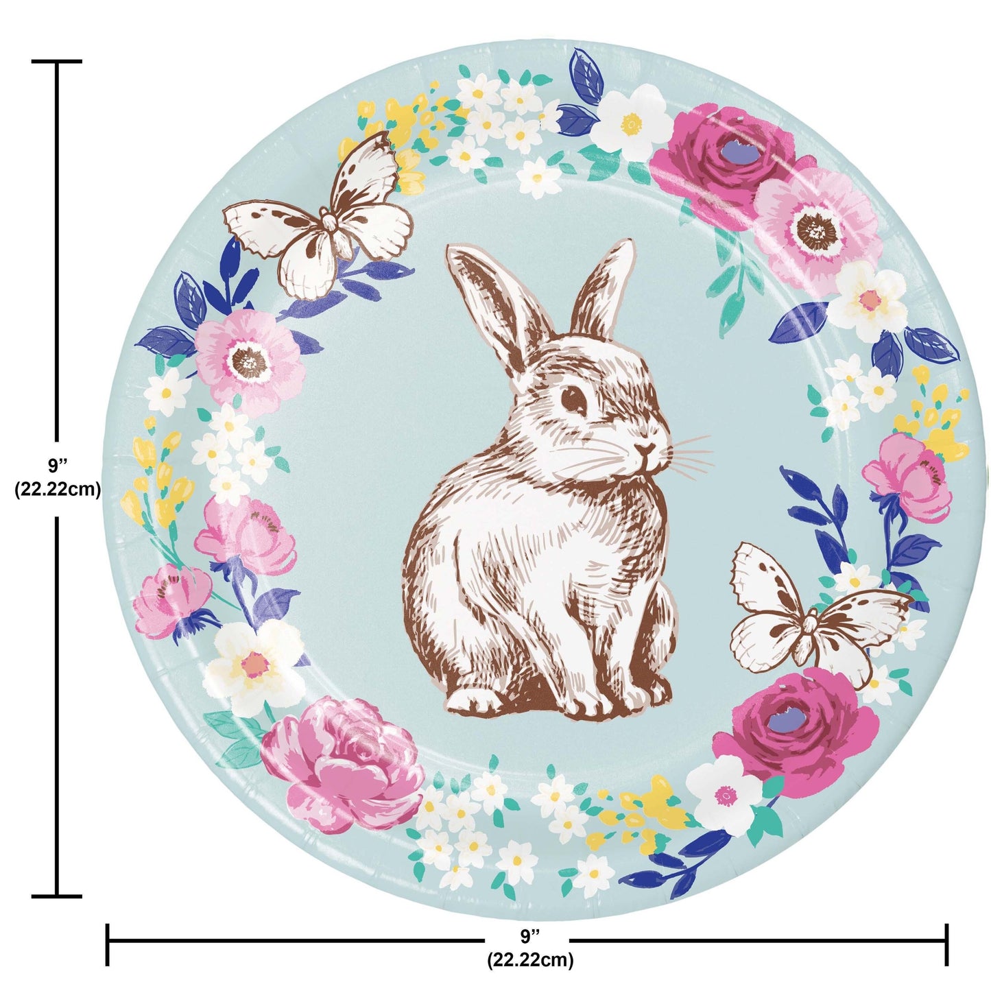 Round plate with a rabbit illustration and floral design, with dimensions indicated.