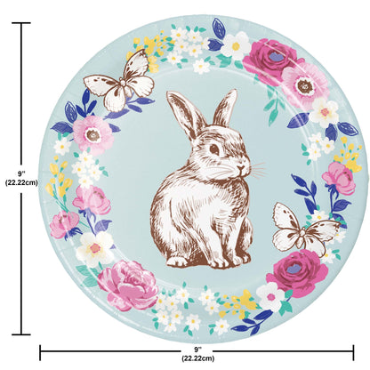 Round plate with a rabbit illustration and floral design, with dimensions indicated.