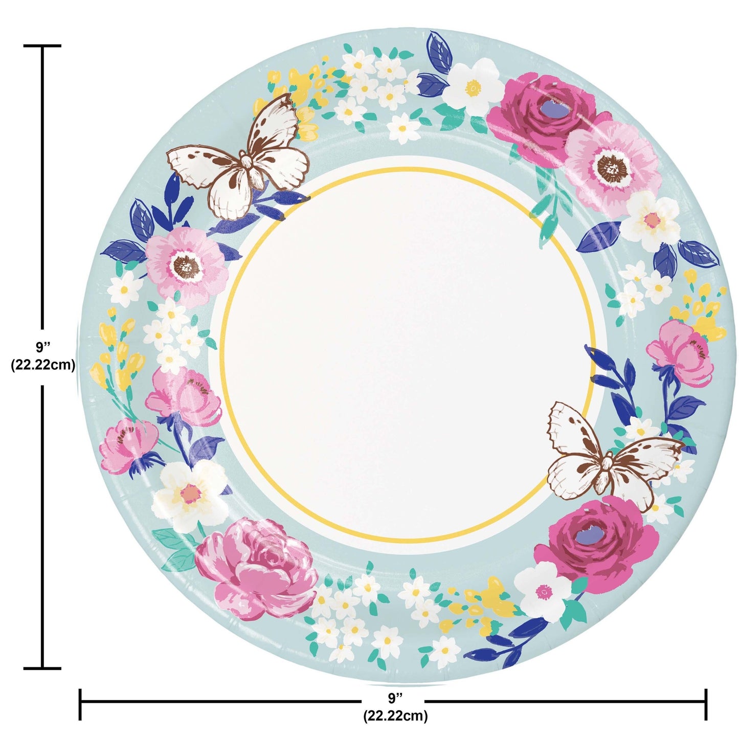 Decorative plate with floral and butterfly design and measurements on a white background