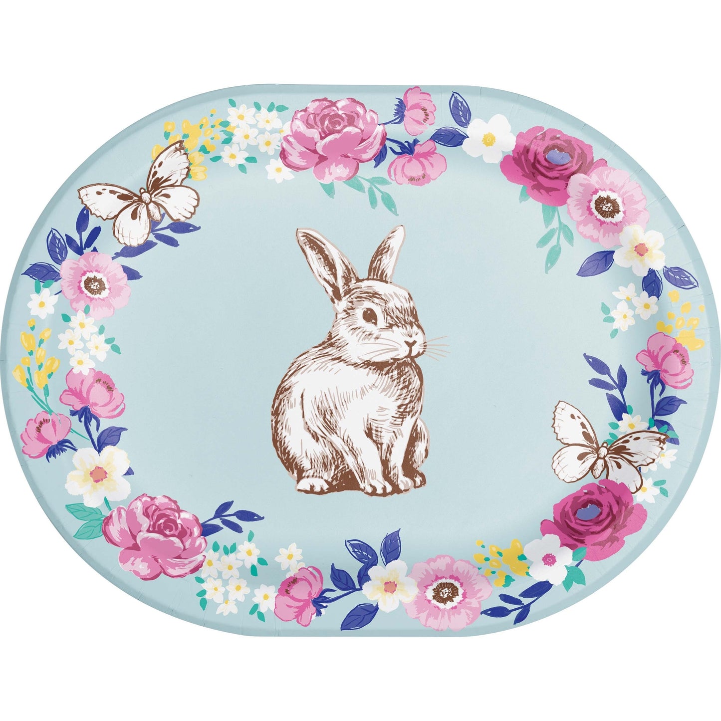 Oval plate with a rabbit illustration and floral design on a light blue background