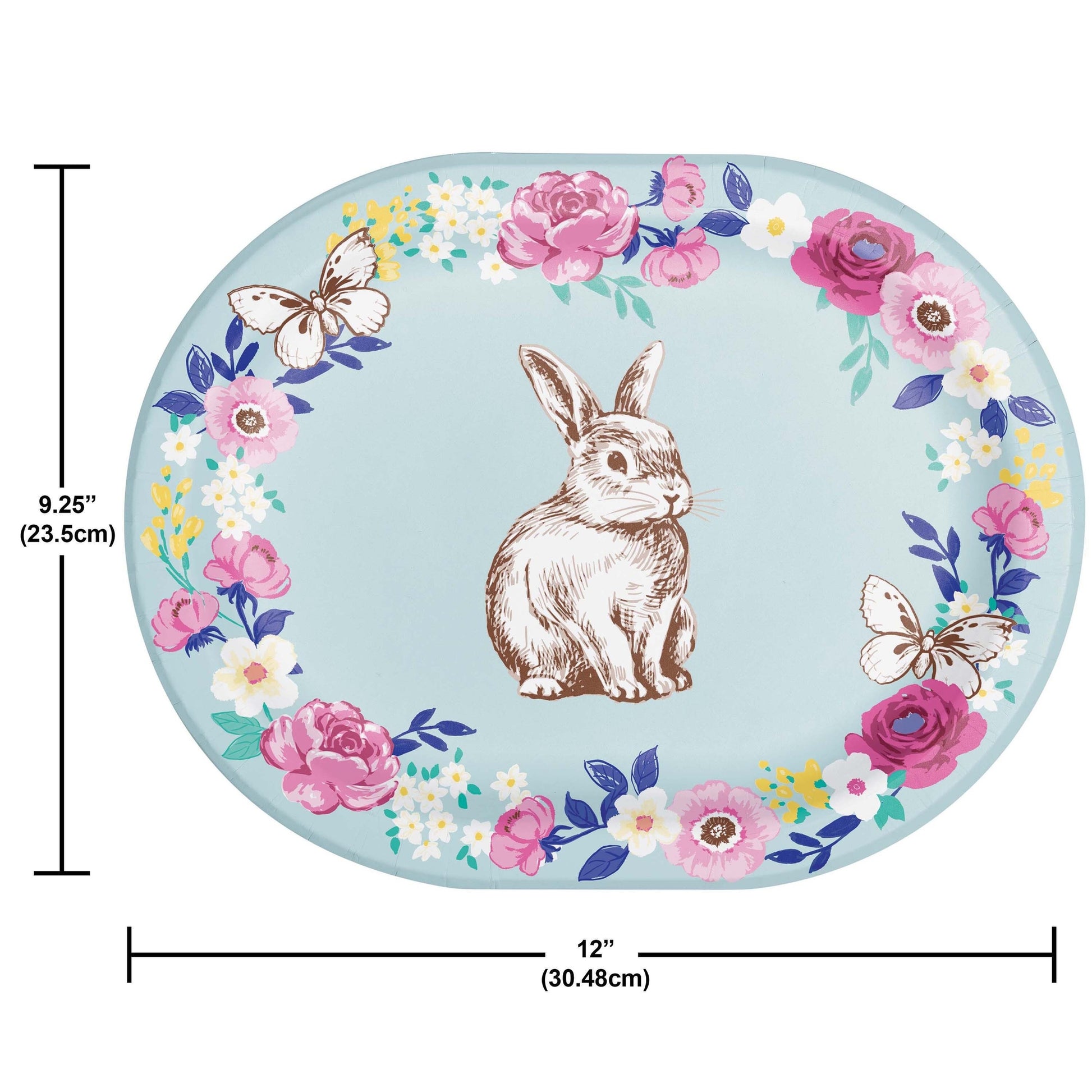 Oval plate with a rabbit illustration and floral design, with dimensions displayed.