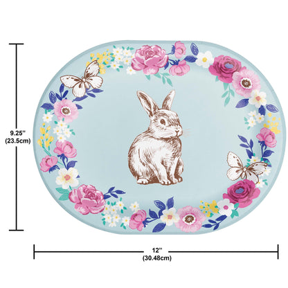 Oval plate with a rabbit illustration and floral design, with dimensions displayed.
