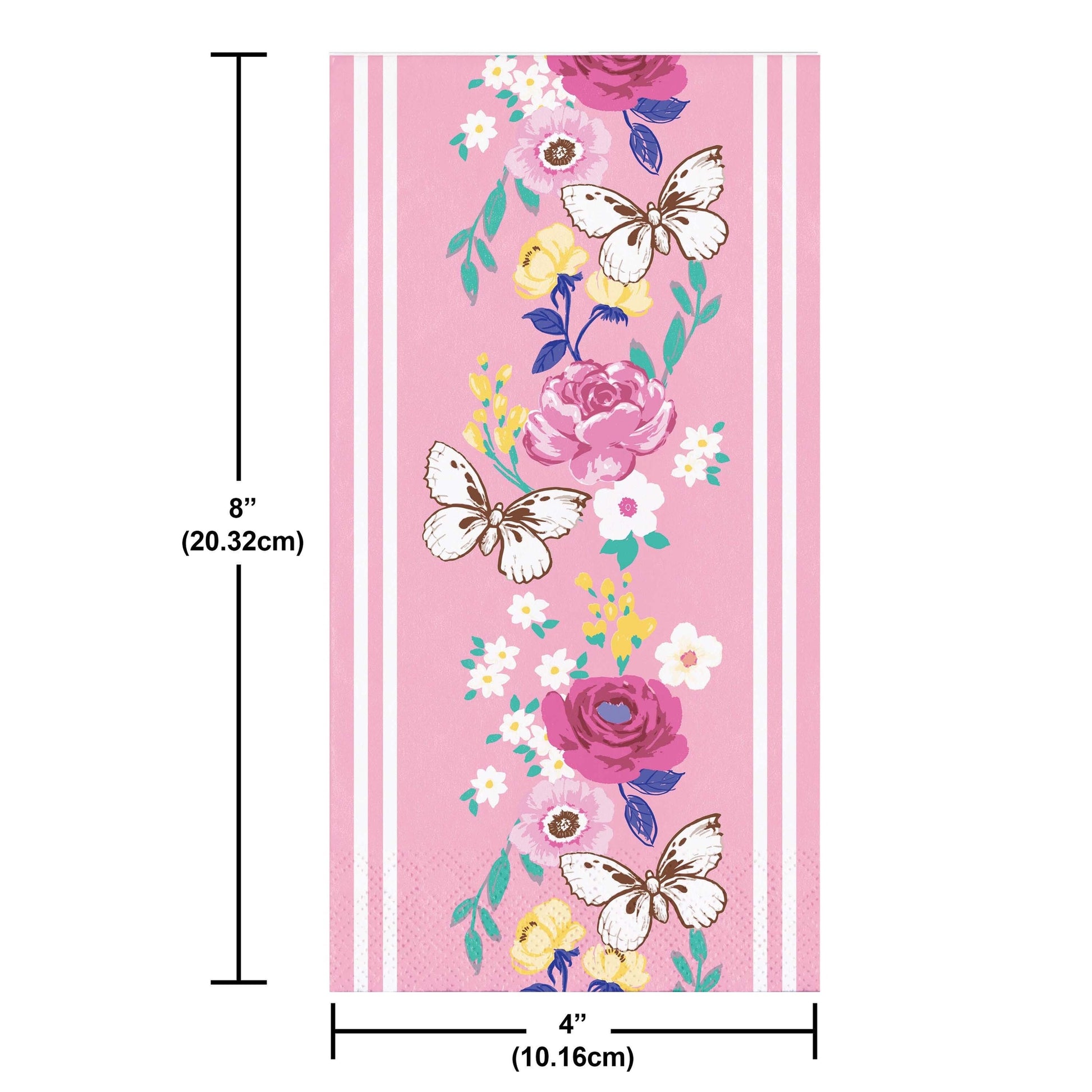 Napkin with a floral and butterfly design on a pink background with measurements indicated.