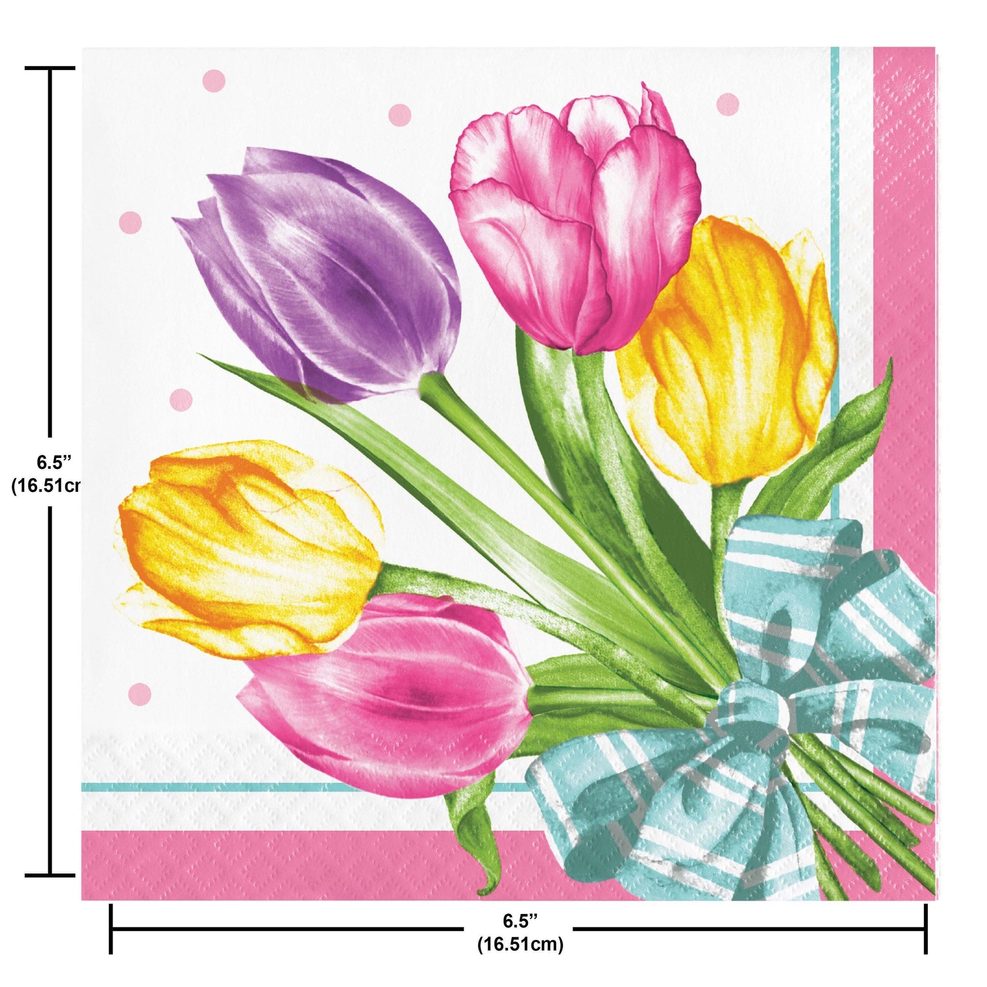 Napkin with colorful tulips and a bow, featuring measurements on a white background.