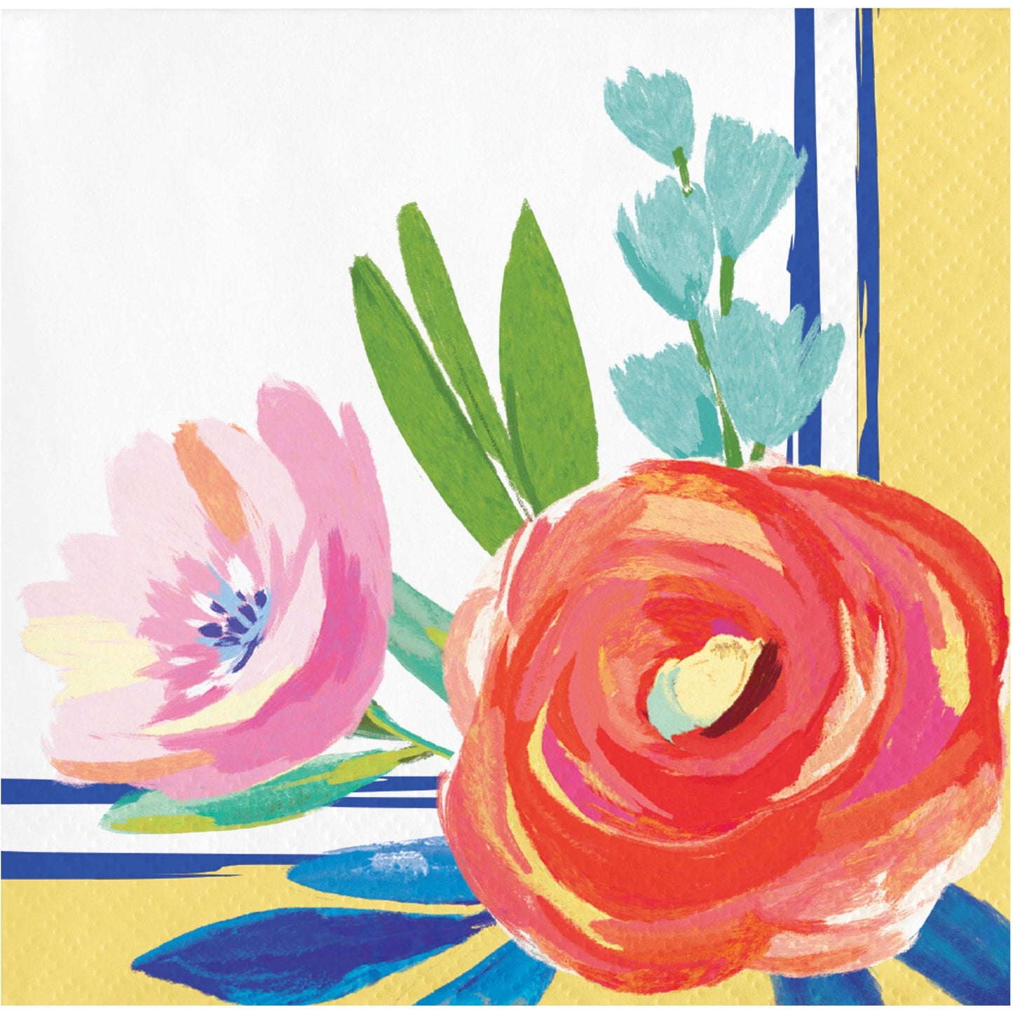 Colorful floral design with pink, red, and green flowers on a striped background