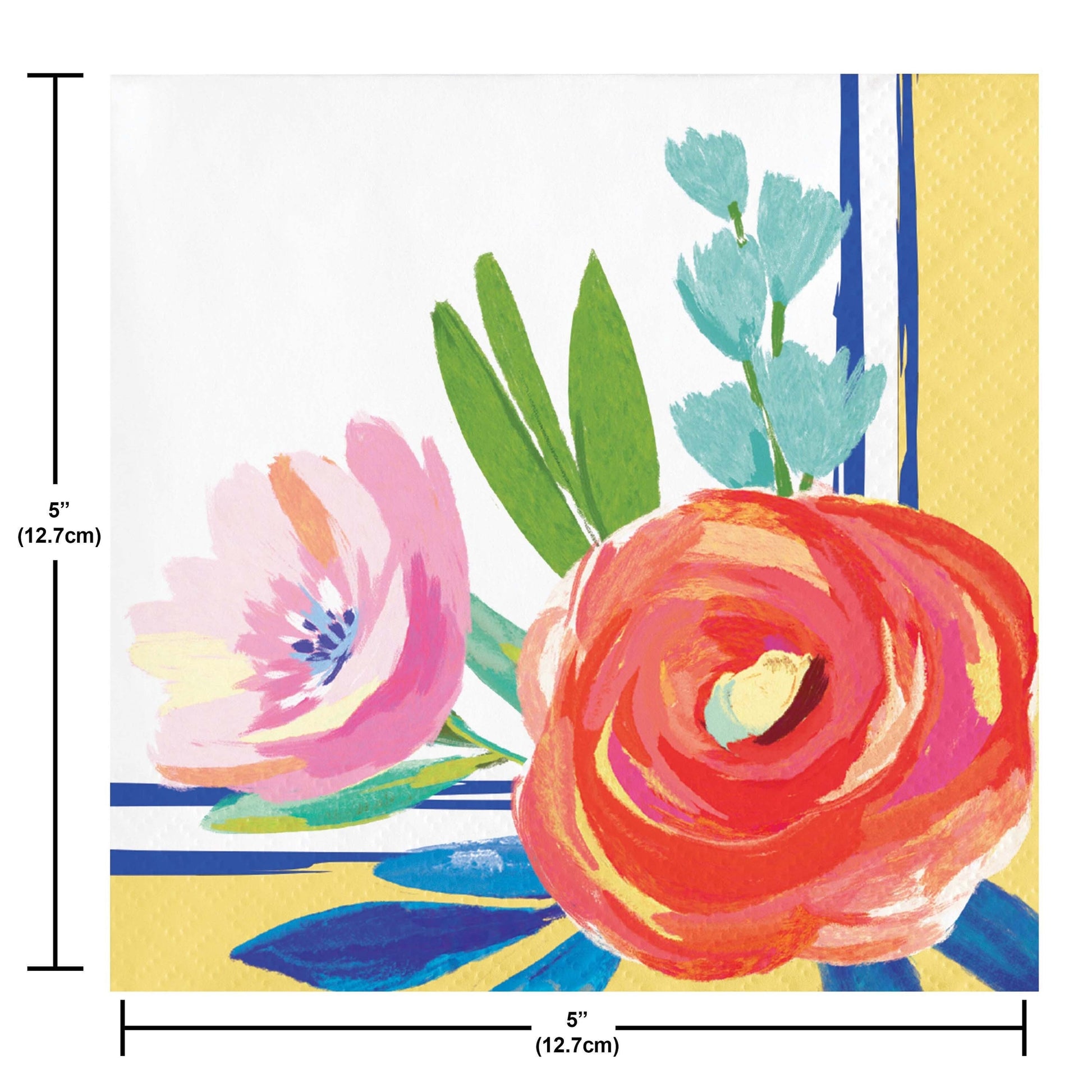 Colorful floral design on a napkin with measurements on a white background
