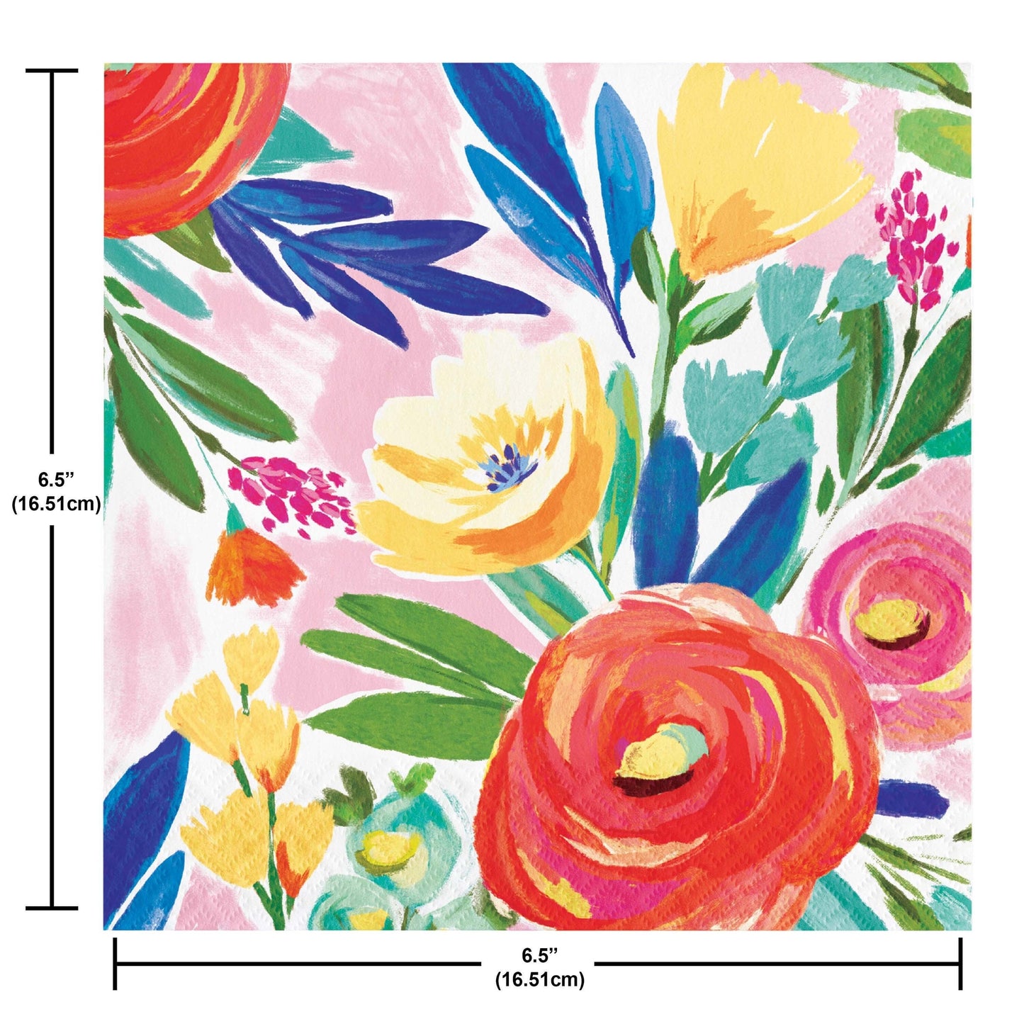 Colorful floral pattern with measurements on a pink background. Measurements shown.