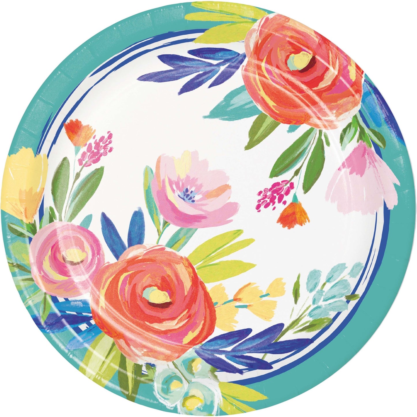 Floral paper plate with colorful flowers and leaves on a white background