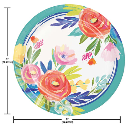 Floral-patterned plate with measurements on a white background
