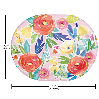 Round plate with colorful floral design on a pink background. Measurements included.