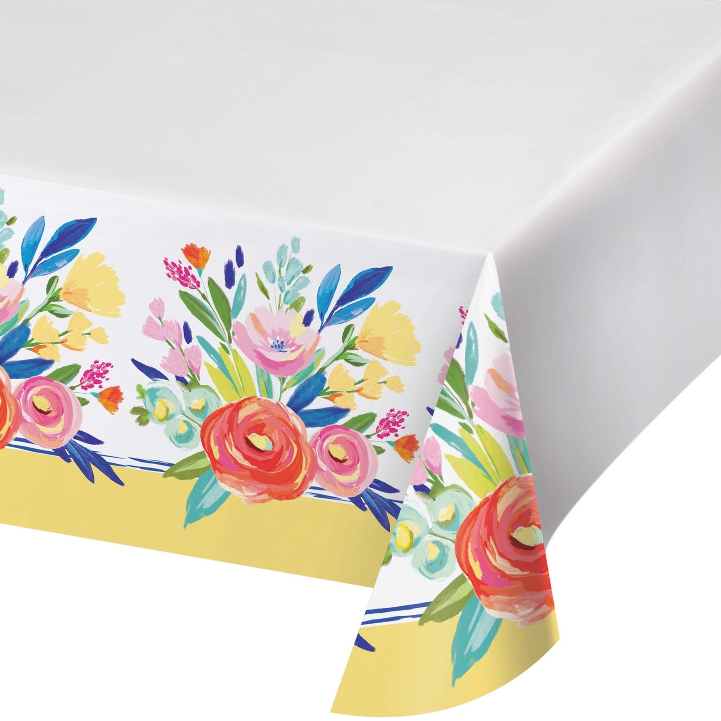 Floral tablecloth with colorful flowers on a white background