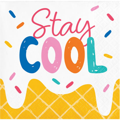Colorful napkin with text 'Stay Cool' with ice cream cone graphic on a white background