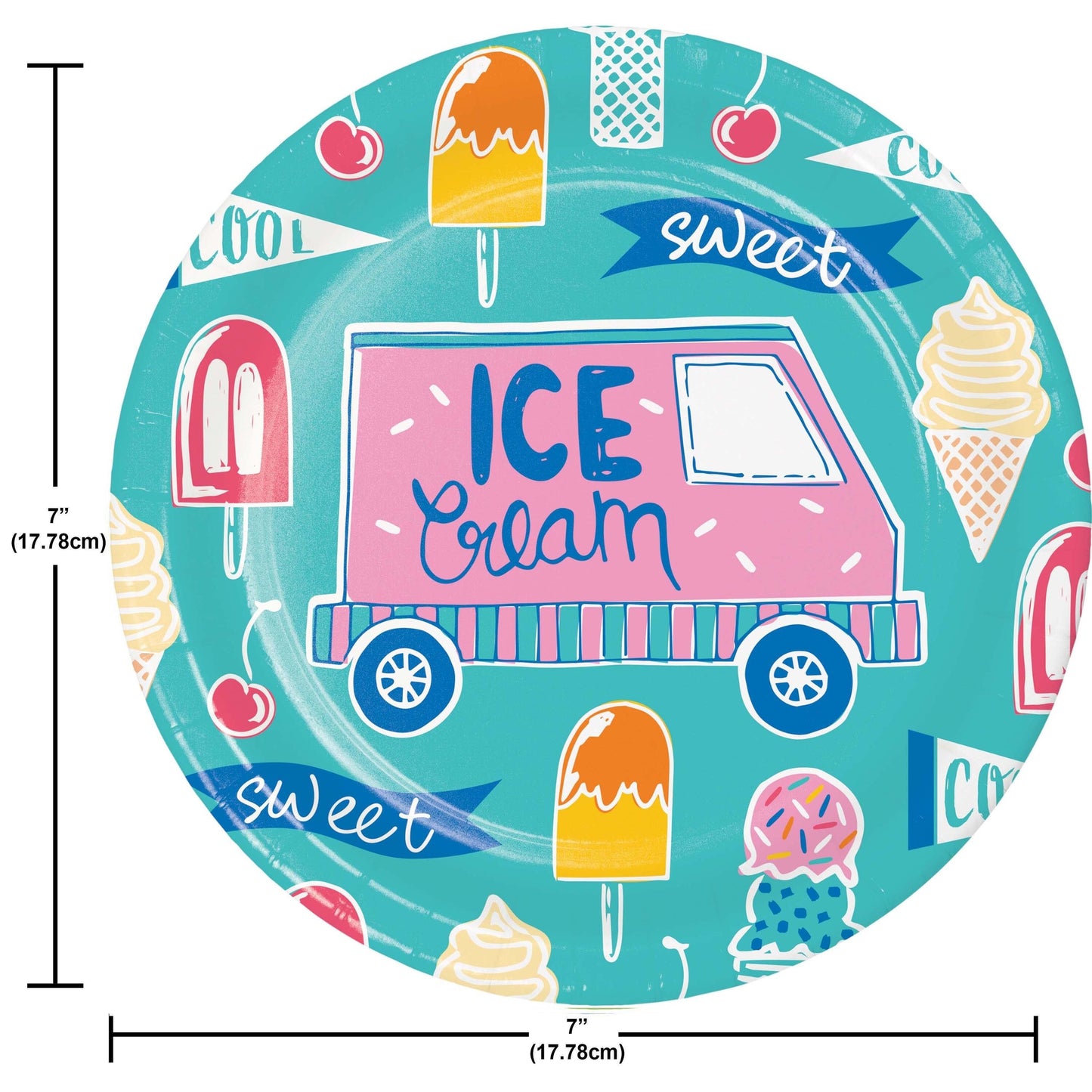 Round paper plate with ice cream truck design and measurements
