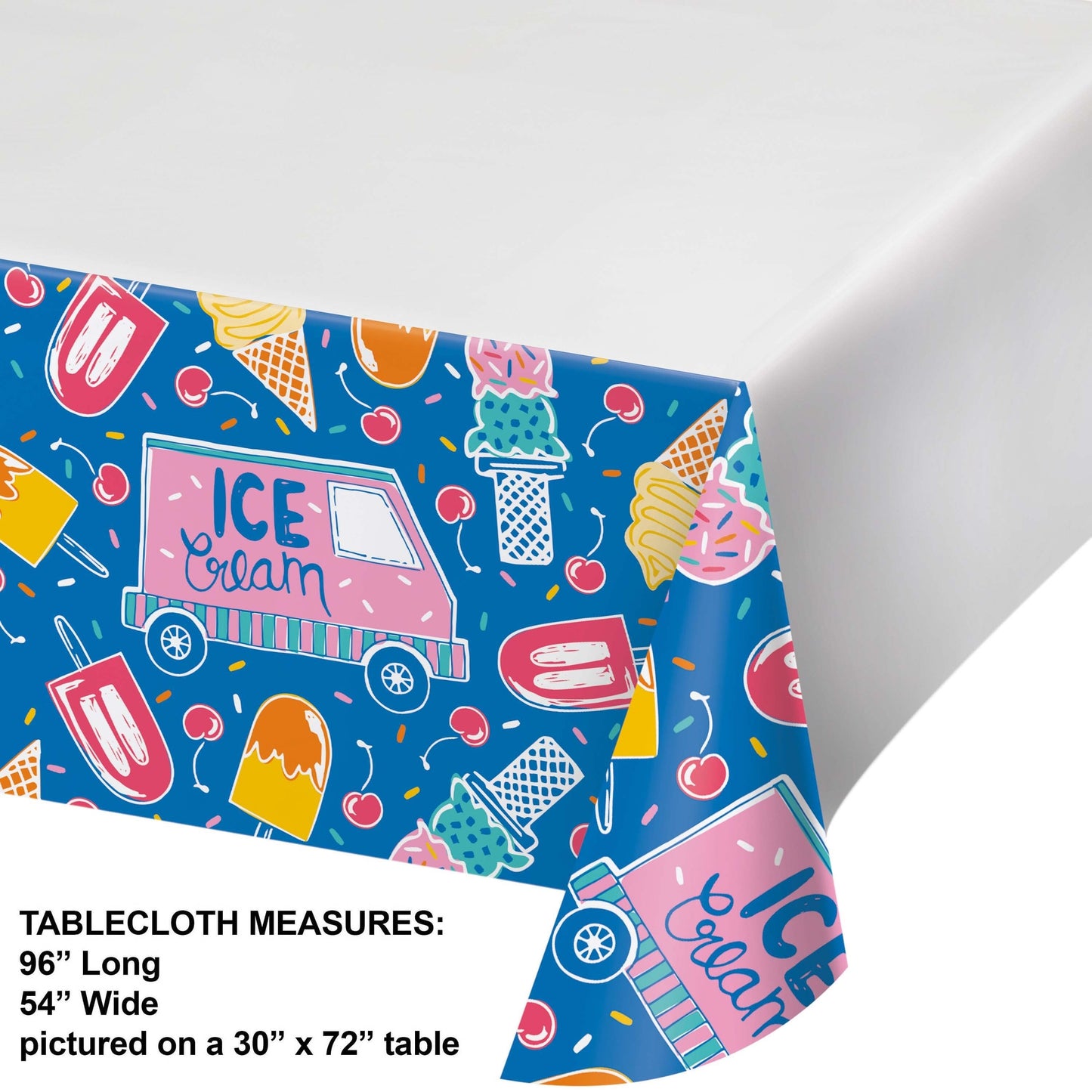 Colorful tablecloth with ice cream truck design on a white background with measurements shown