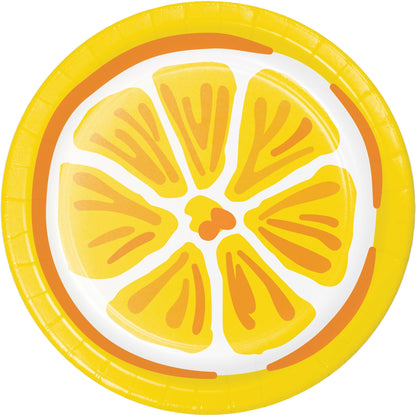 Paper plate with lemon slice design on a white background