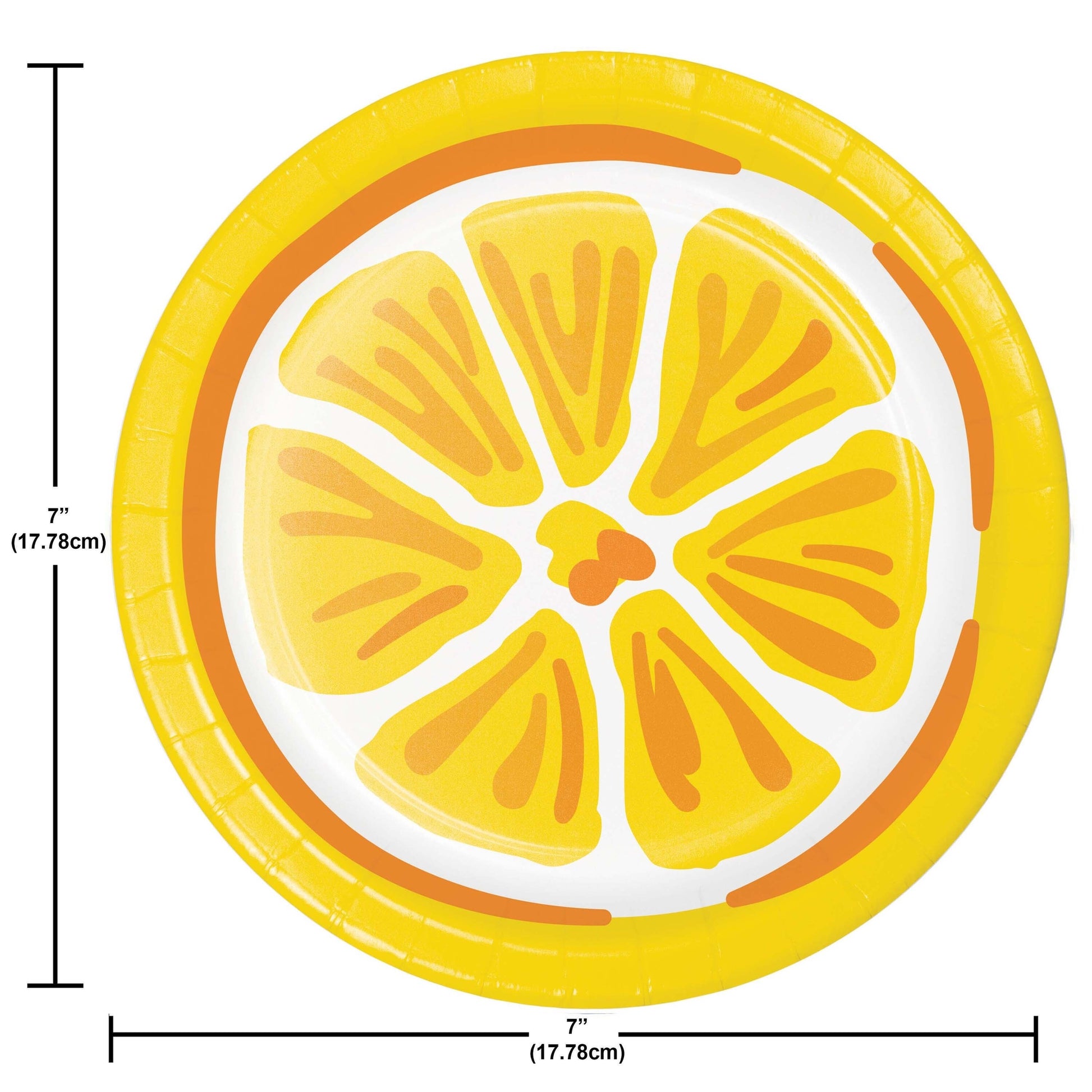 Paper plate with lemon slice design and measurements on a white background