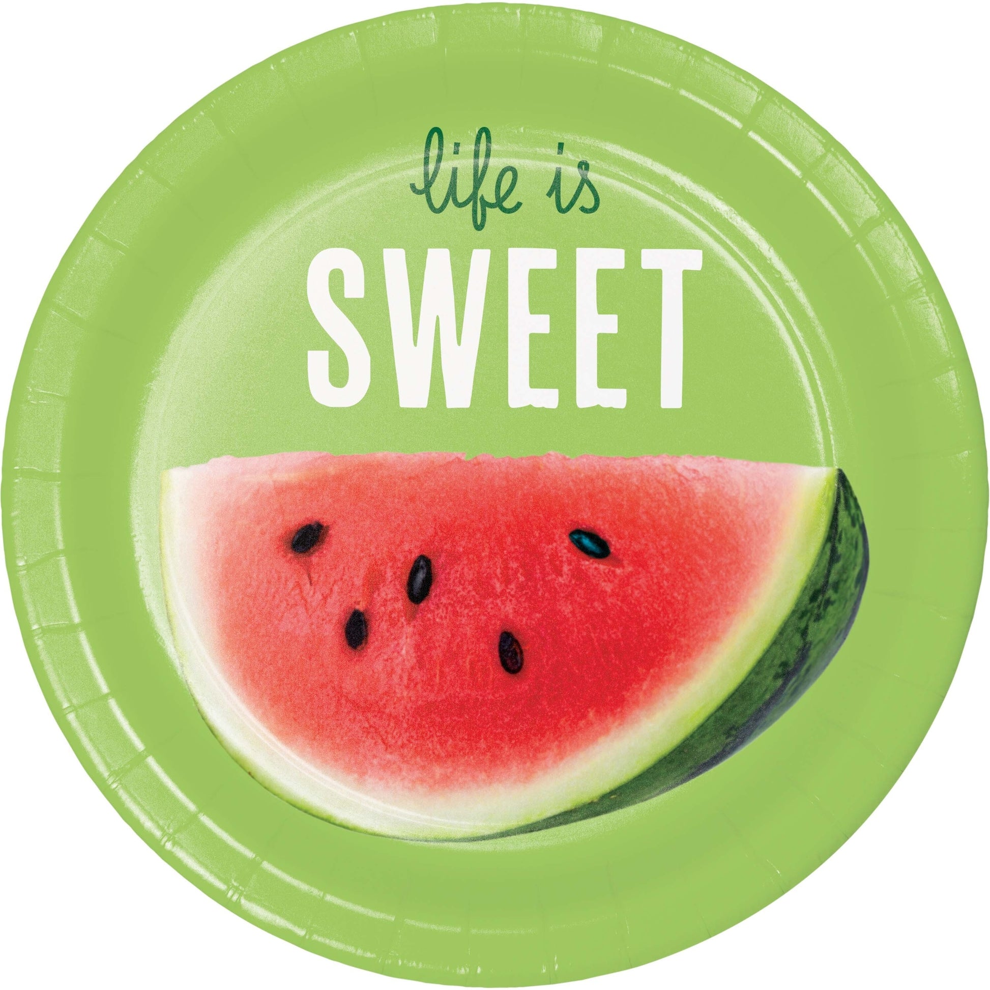 Green paper plate with a slice of watermelon and 'life is SWEET' text on a white background