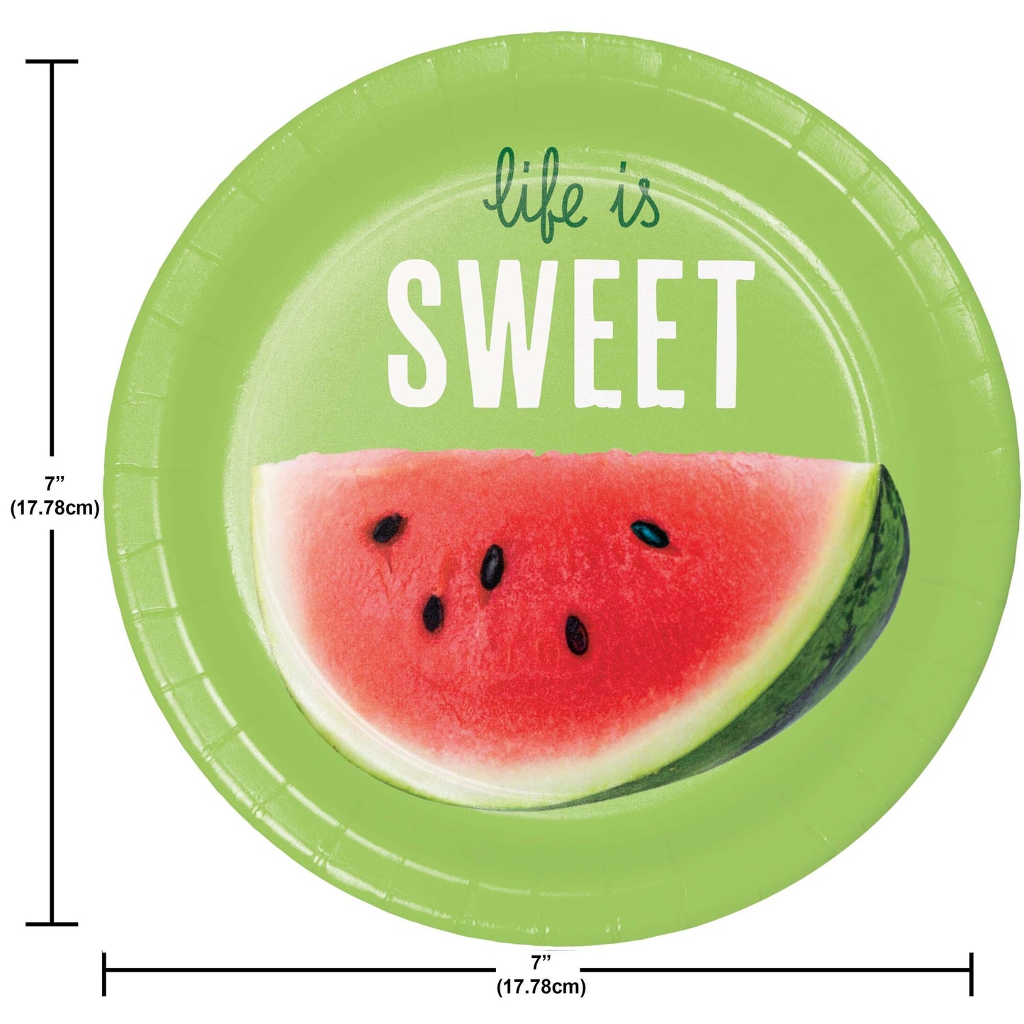 Green plate with watermelon slice and 'life is sweet' text, dimensions indicated.