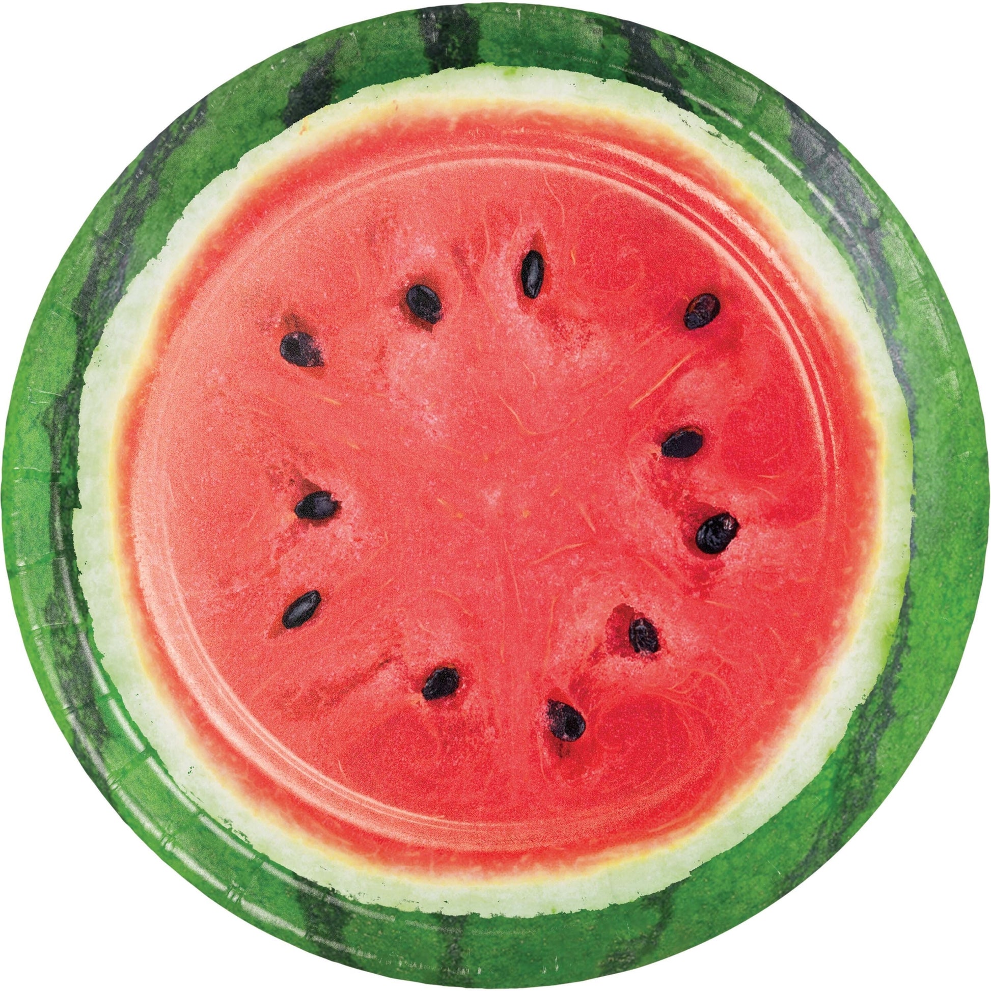 Paper plate featuring a sliced watermelon with green rind on a white background