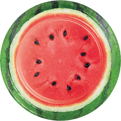Paper plate featuring a sliced watermelon with green rind on a white background