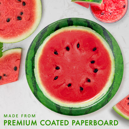 Sliced watermelon paper plate on a white background with text 'Made from premium coated paperboard'.