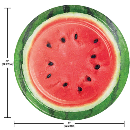 Paper plate featuring a sliced watermelon with green rind on a white background. Measurements shown.