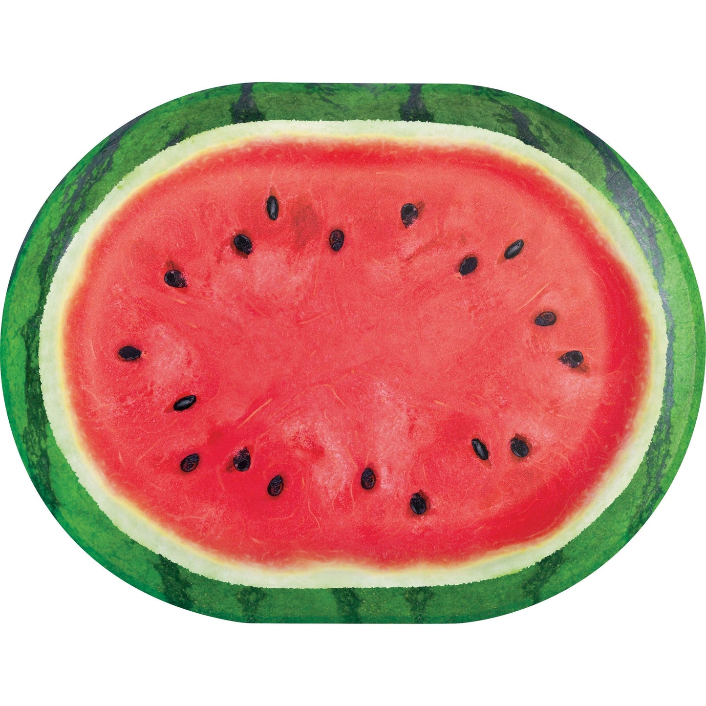 Oval paper plate featuring a sliced watermelon with green rind on a white background