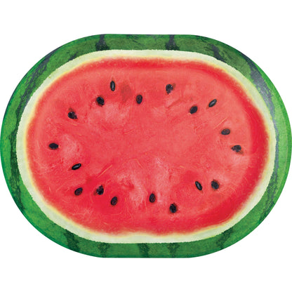 Oval paper plate featuring a sliced watermelon with green rind on a white background