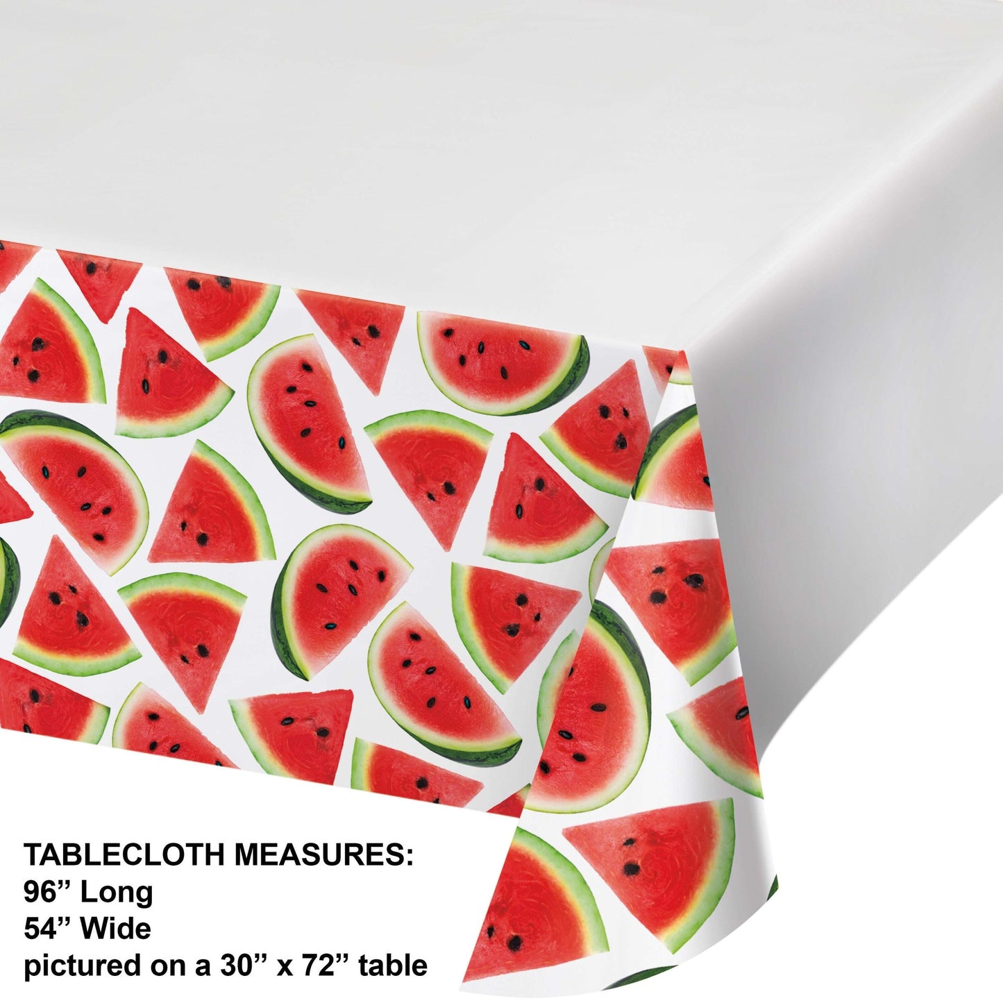 Watermelon patterned tablecloth on a white background with measurements shown.