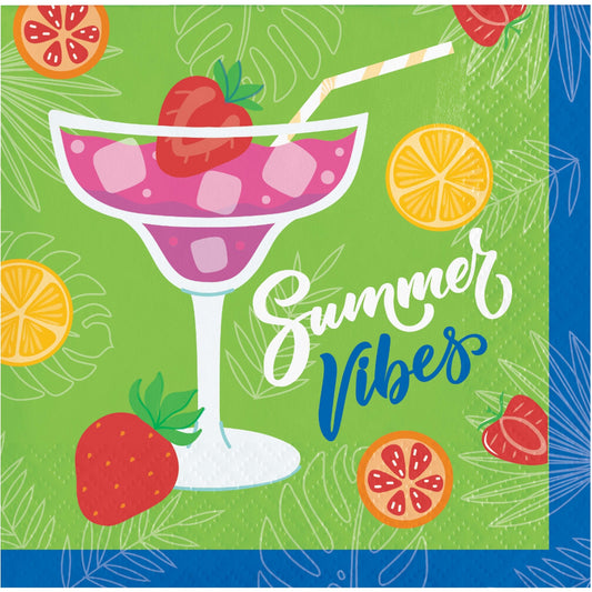 Napkin with a colorful design of a cocktail, strawberries, and lemons on a green background with 'Summer Vibes' text.
