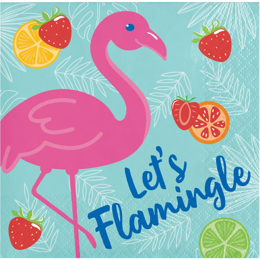 Napkin featuring a pink flamingo with fruits and 'Let's Flamingo' text on a blue background