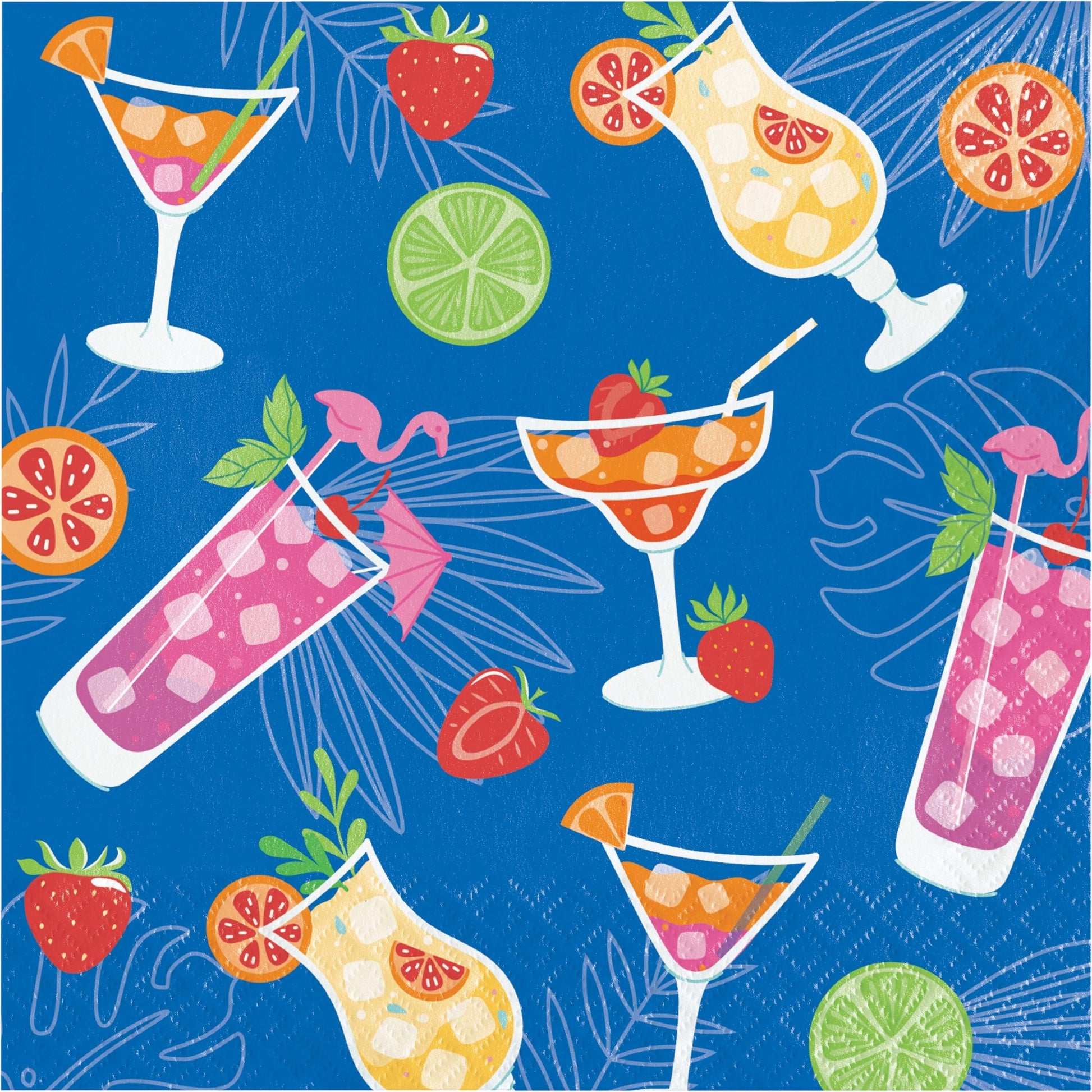 Napkins featuring a collection of colorful cocktails and fruits on a blue background