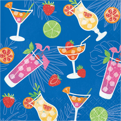 Napkins featuring a collection of colorful cocktails and fruits on a blue background